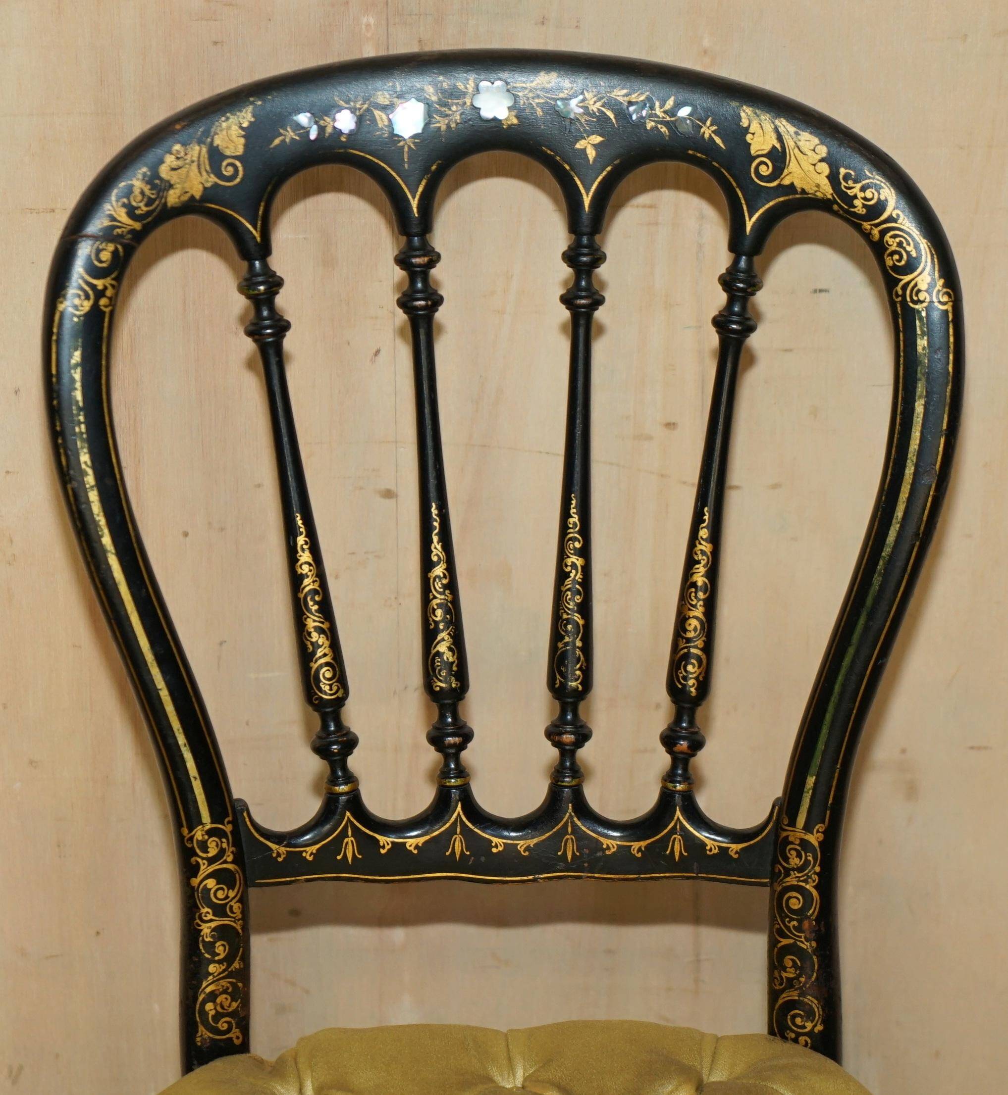 Regency Antique 1815 Occasional Chair in Ebonised Wood, Mother of Pearl, Silk and Chesterfield Upholstered Seat