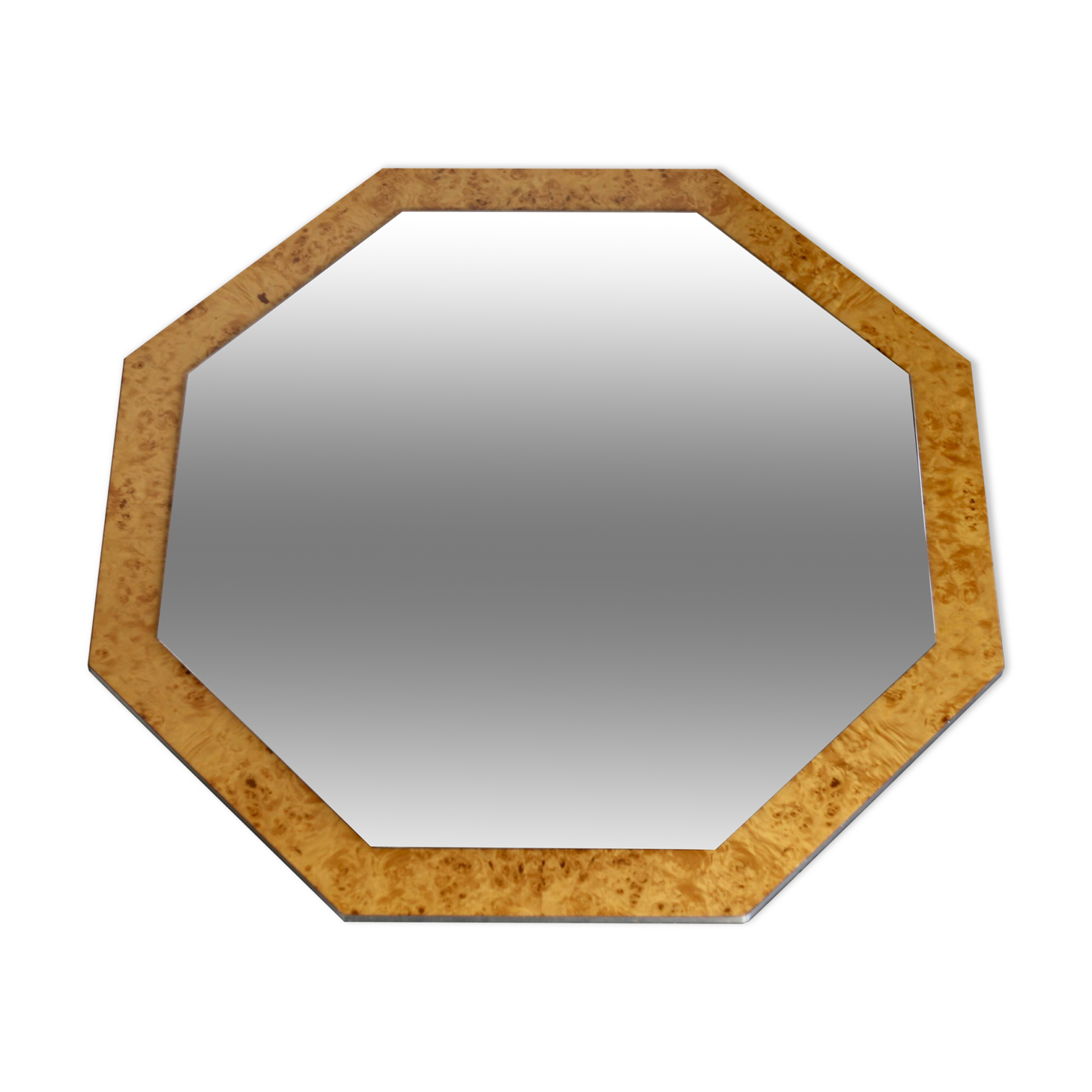 70s mirror, burl wood, metal frame