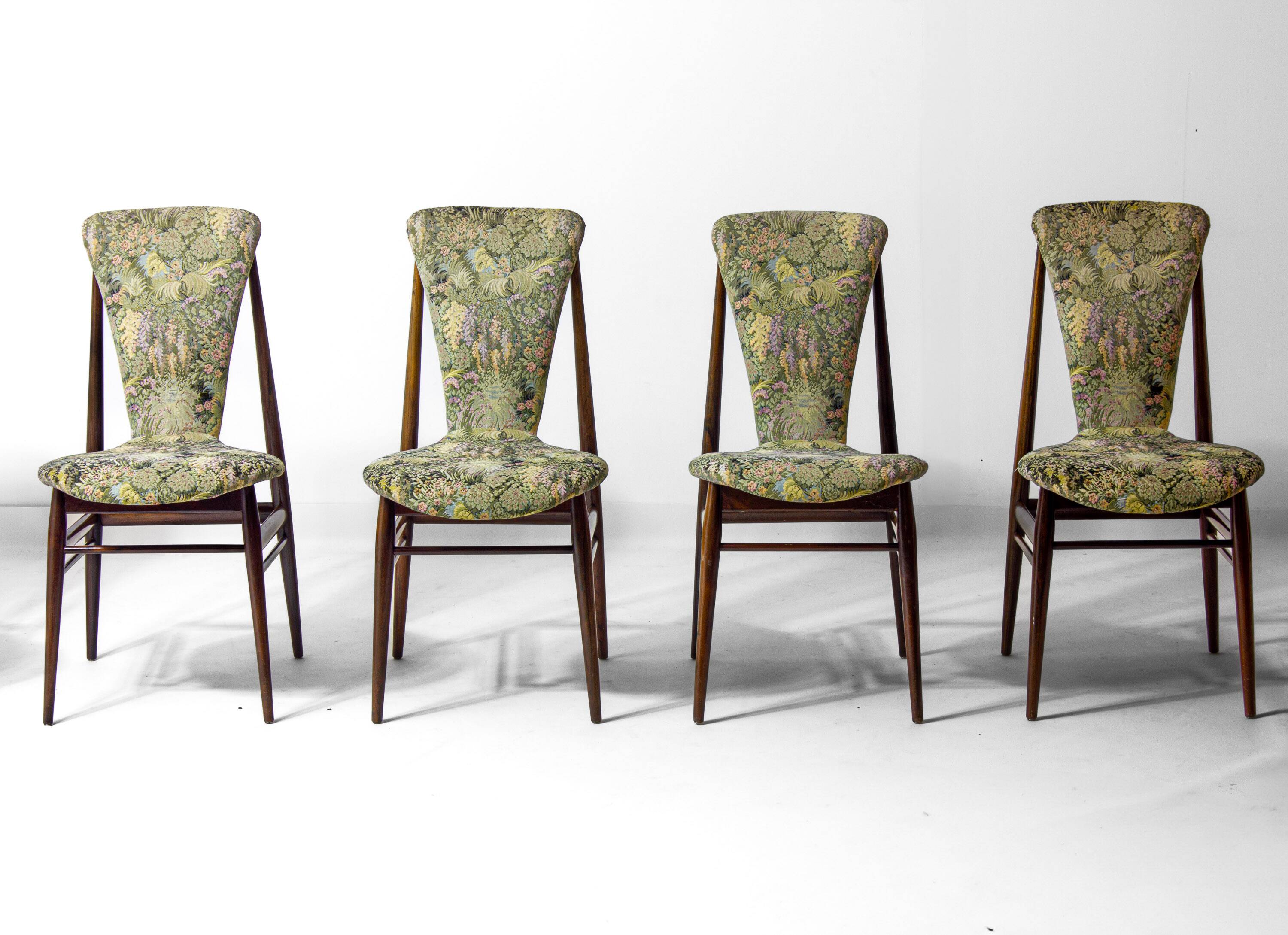 Eclectic scandinavian floating dining chairs in floral upholstery, 1960s