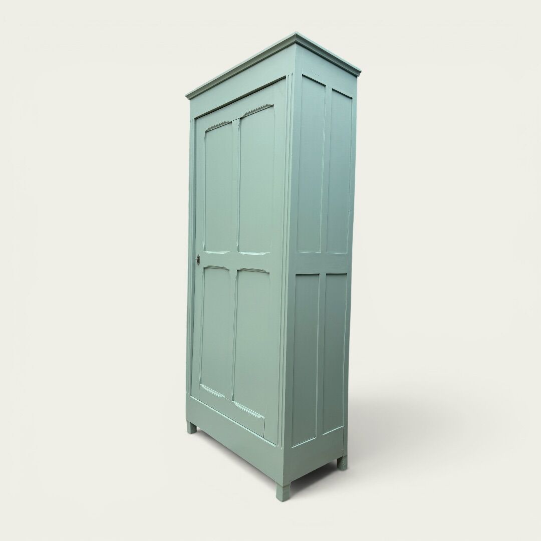Antique Parisian wardrobe in grey-green solid pine.