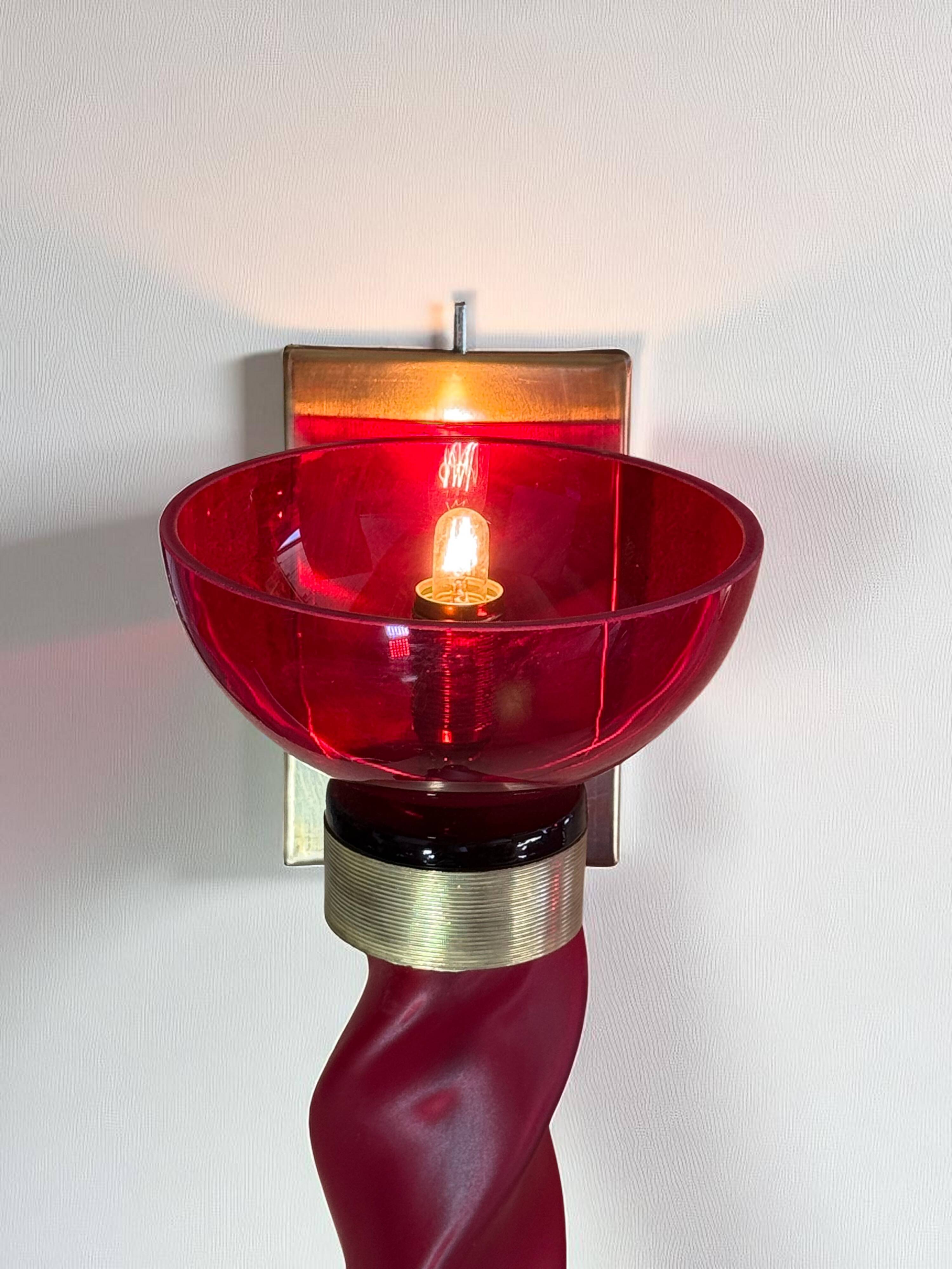 Pair of 62 cm murano torchere wall lights in red tinted glass and brass