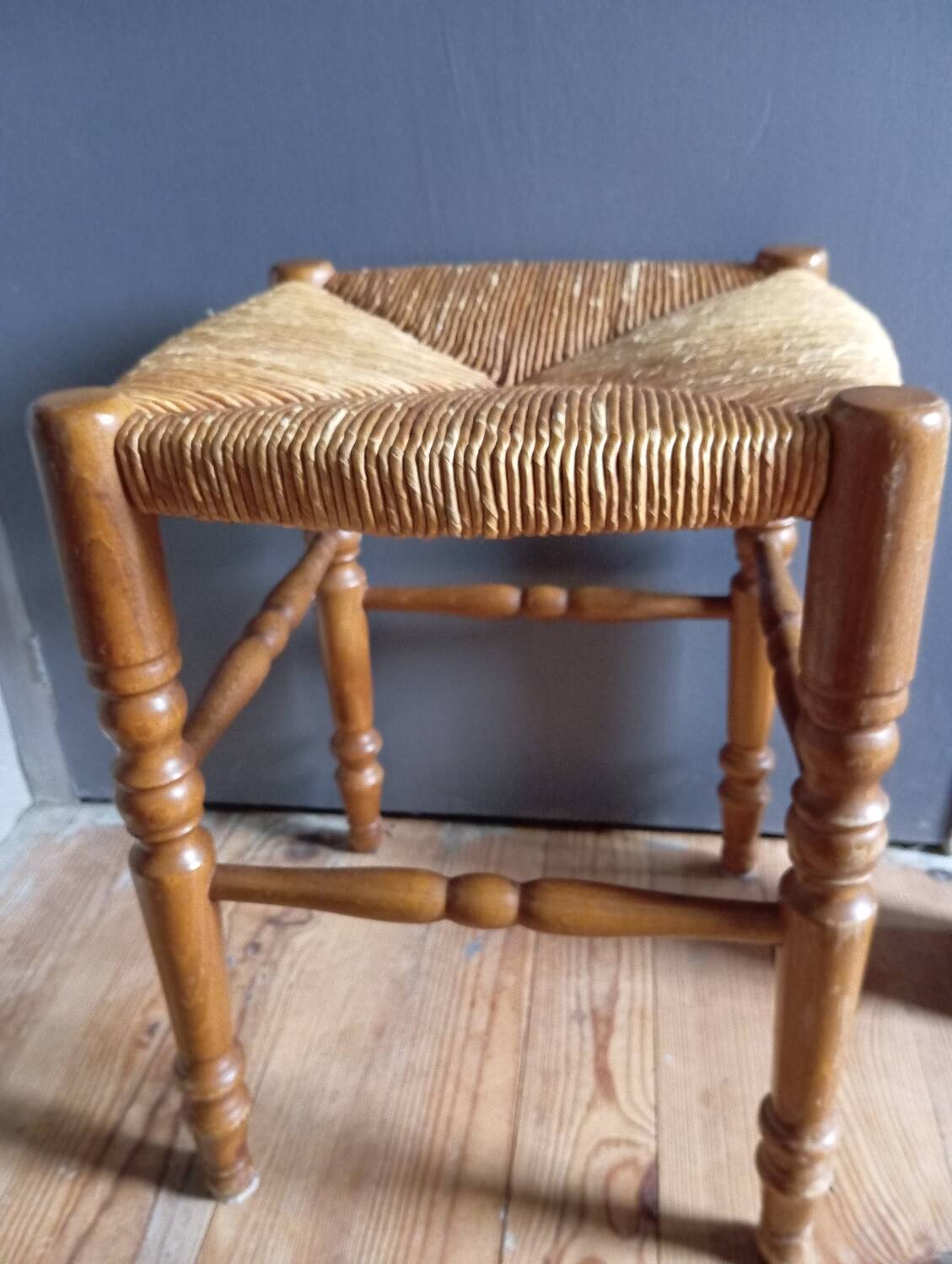 Turned wood stool, straw seat, vintage countryside