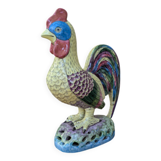 Coq décoratif polychrome en Porcelaine de Paris statue H30cm