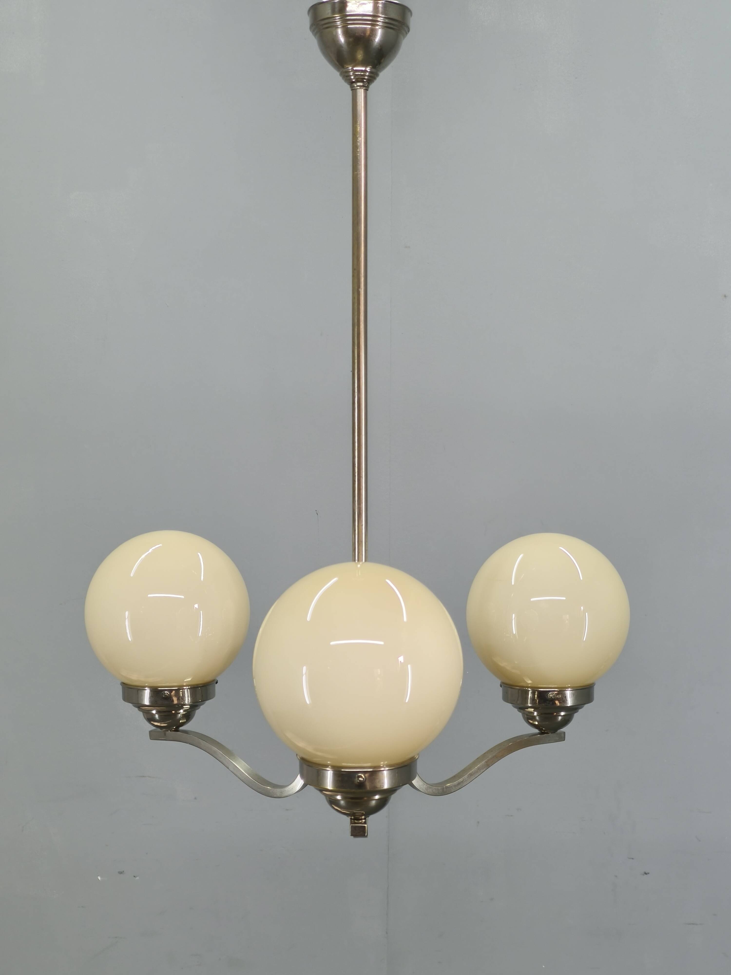 1930s Art Deco Nickel and Glass Chandelier, Czechoslovakia