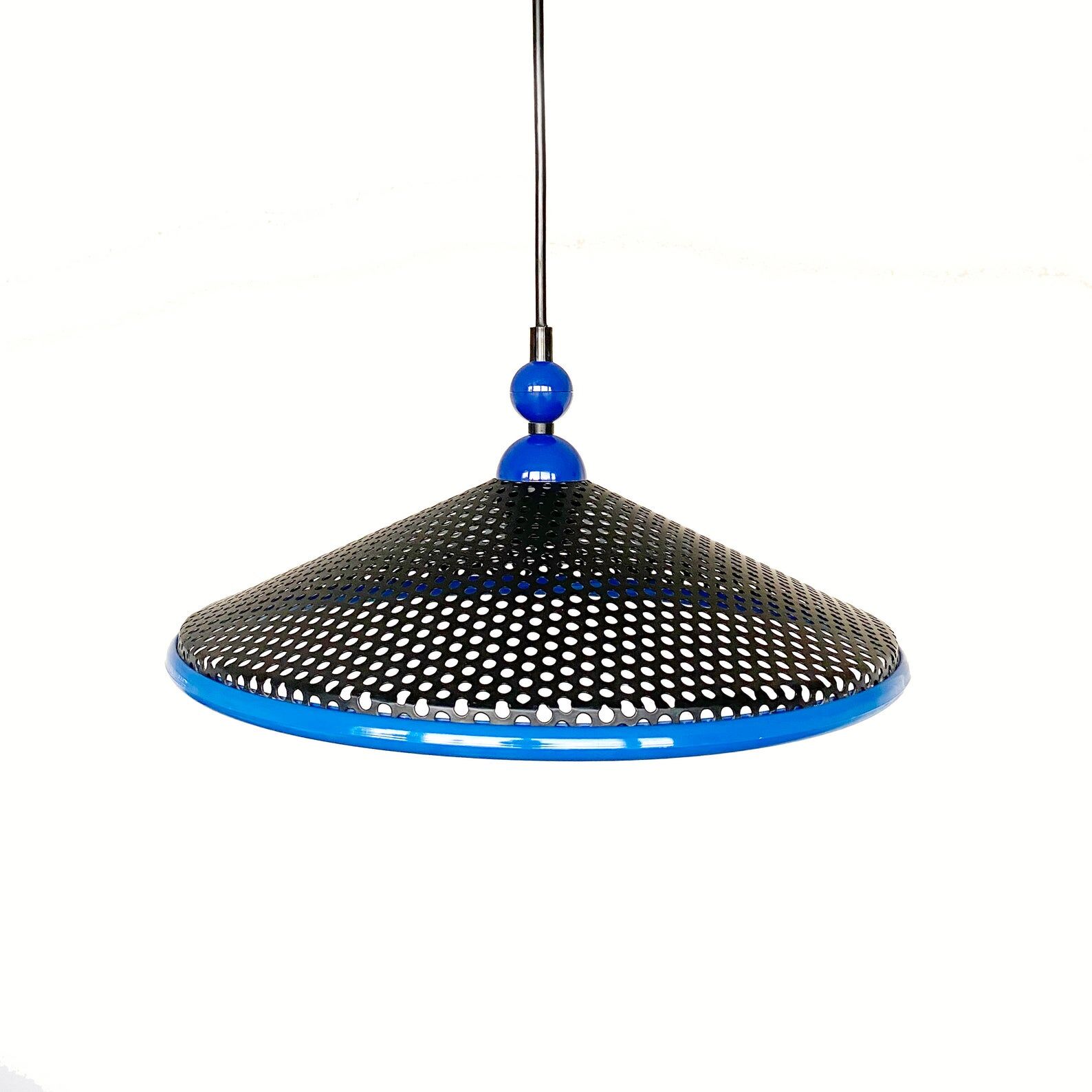 80s perforated metal hanging lamp - black & blue