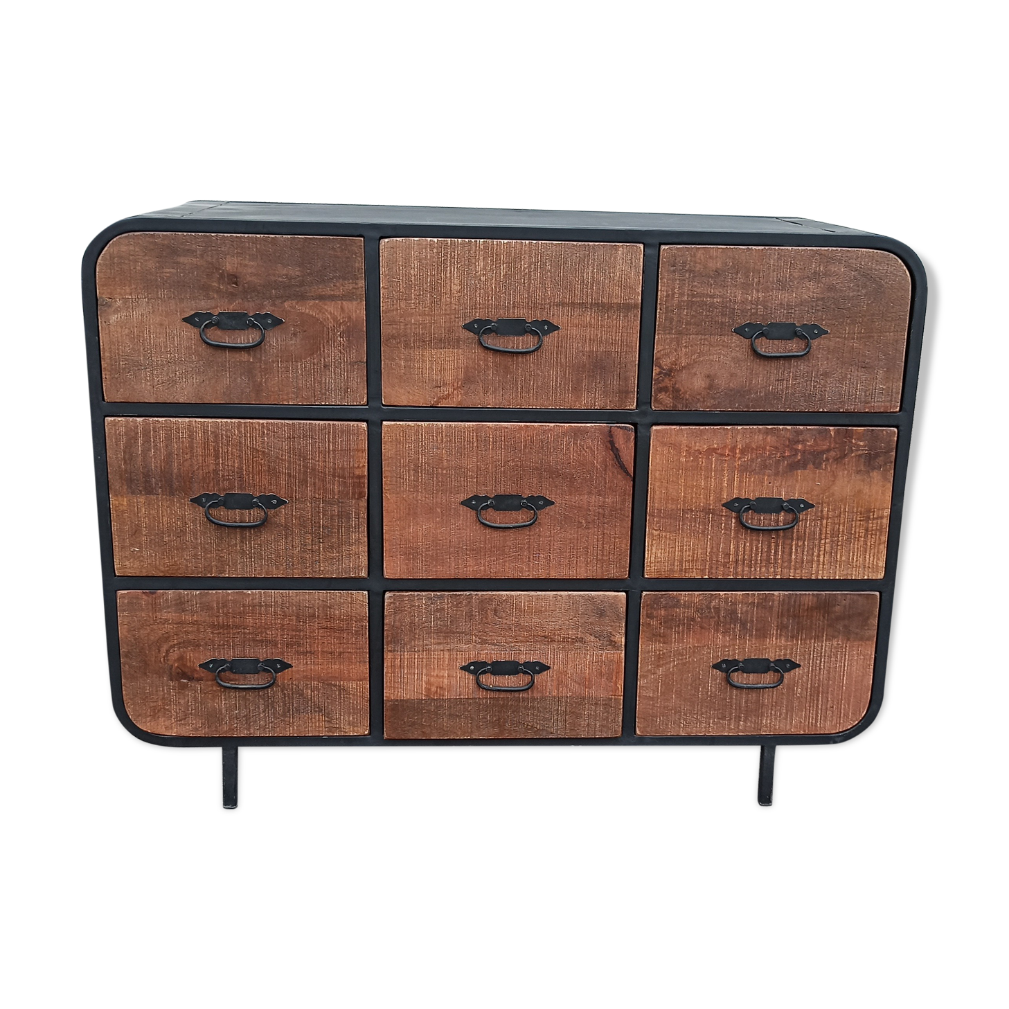 Black metal sideboard with wooden drawers