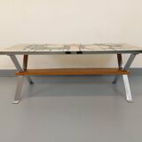 Vintage coffee table from the 60s and 70s in ceramic, chrome metal, and wood.