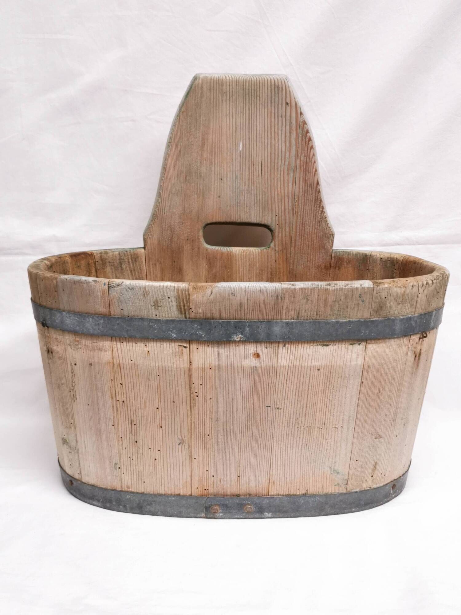 Tub / seille in laid, old swiss wooden cache pot planter, savoie