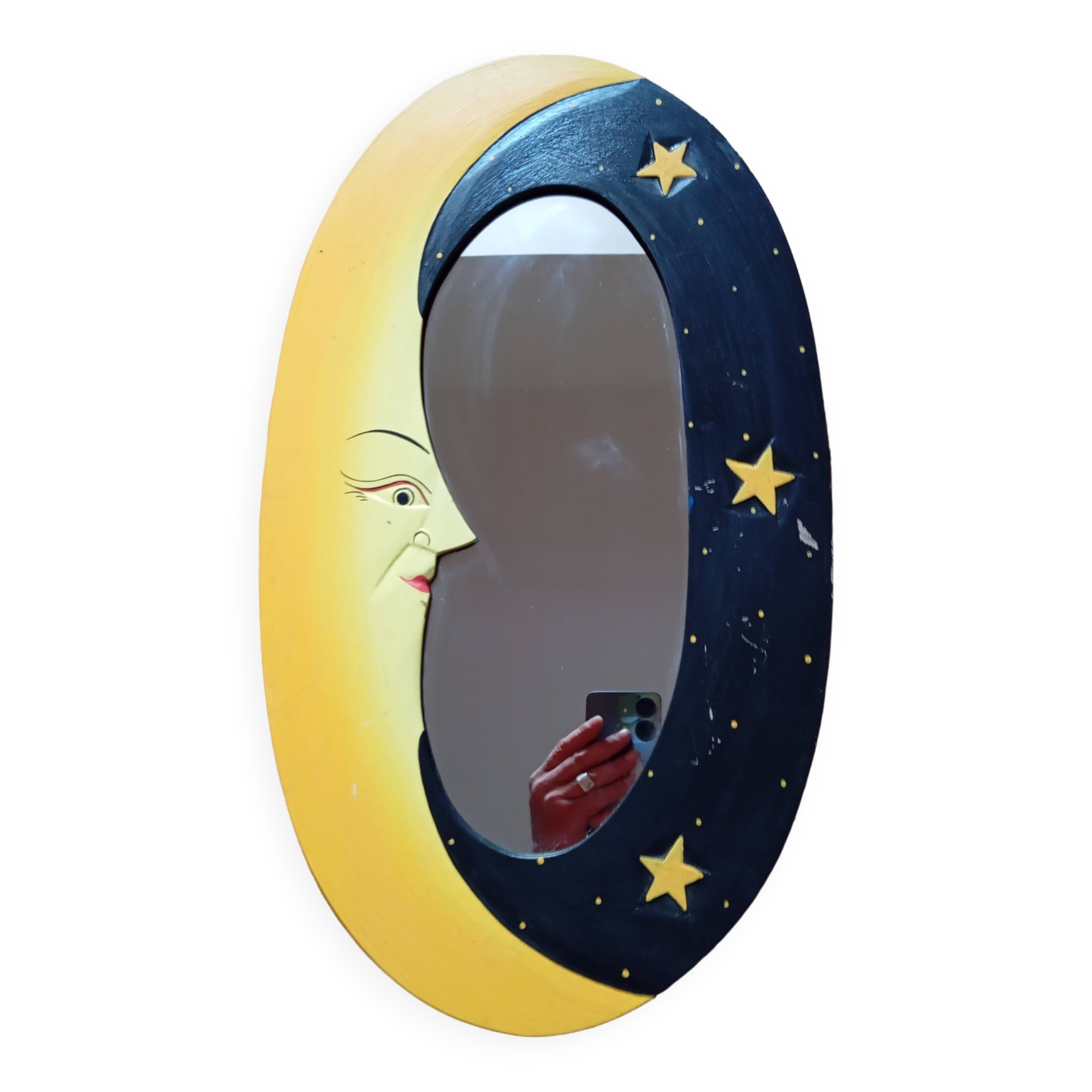 WOODEN MOON MIRROR / OVAL / YELLOW & BLACK