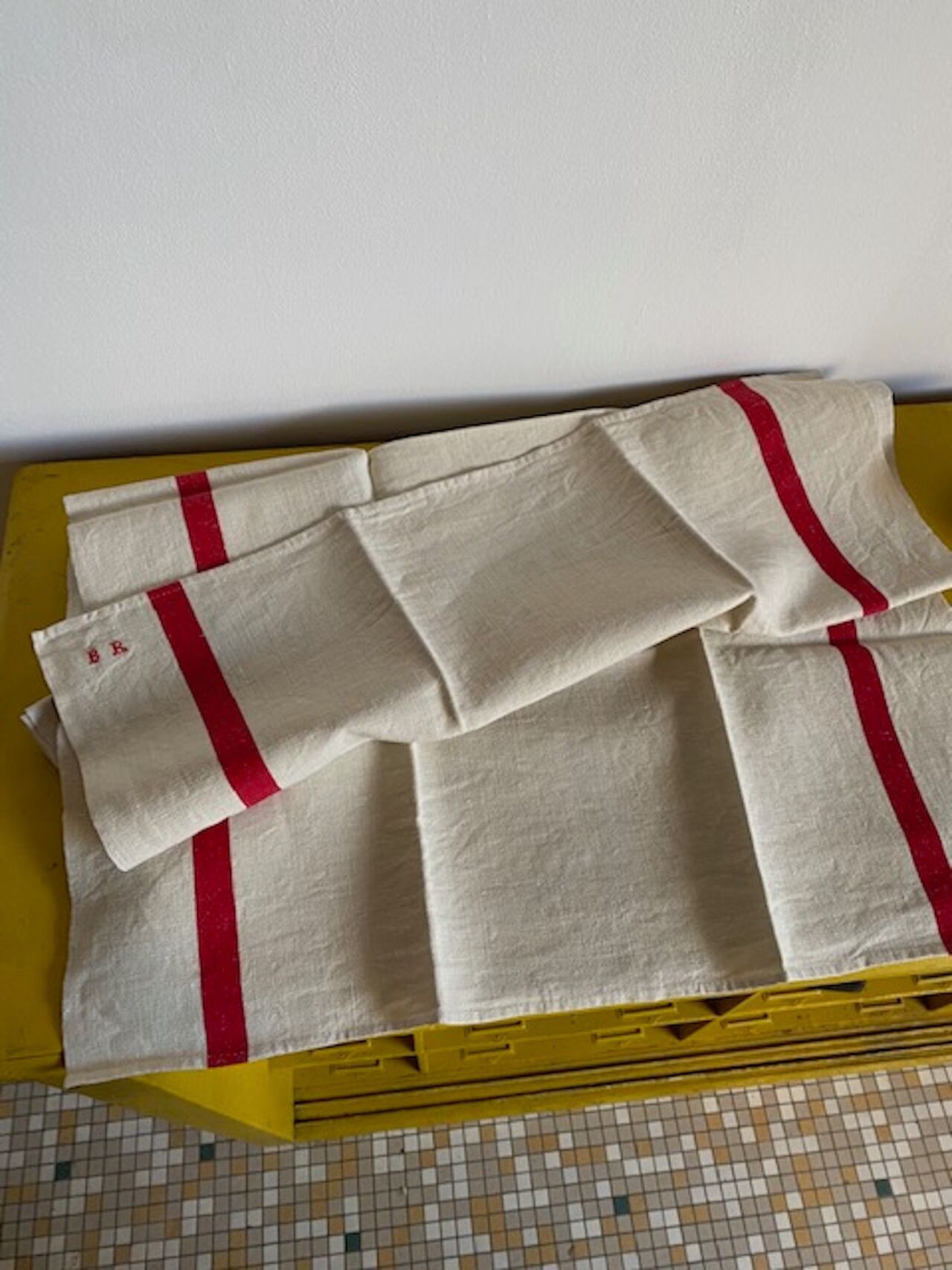 Set of tea towels in flax and monogrammed hemp