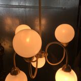 Pair of brass and opaline hanging lamps