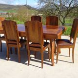 Walnut table with wood marquetry, 2 extensions.