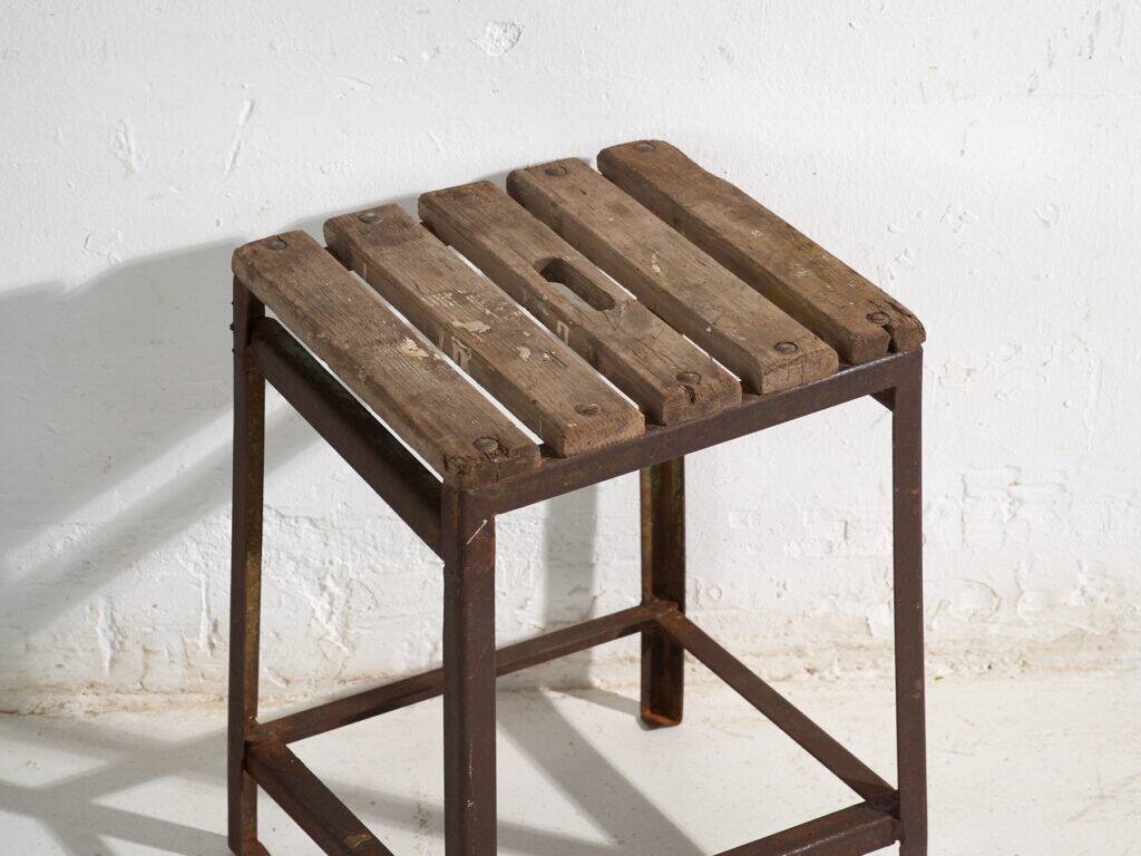 Vintage industrial stool made of pine wood and iron – Central Europe, around 1950