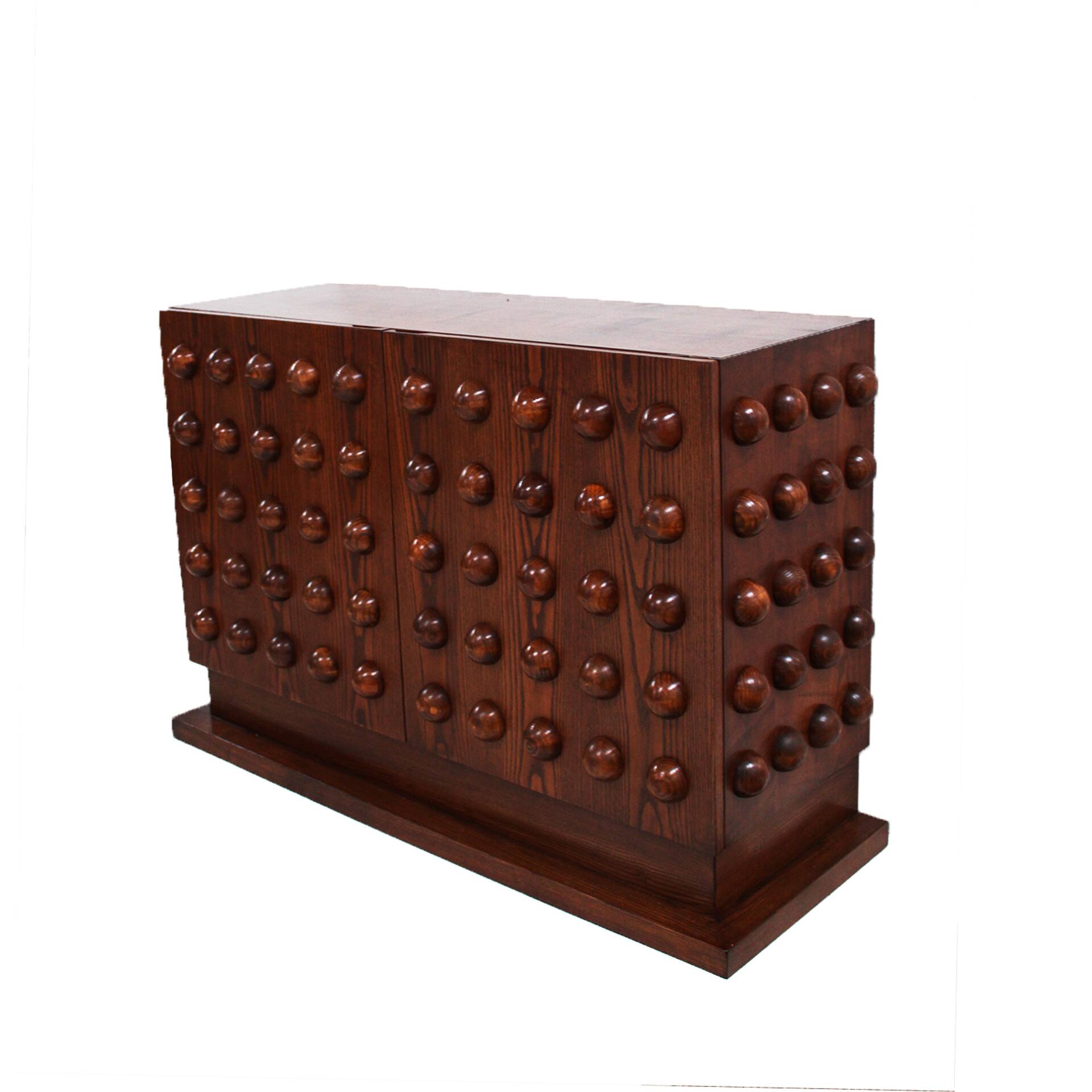 Italian Brutalist Hand-Carved Oak Wood Sideboard with Sculptural Studded Do