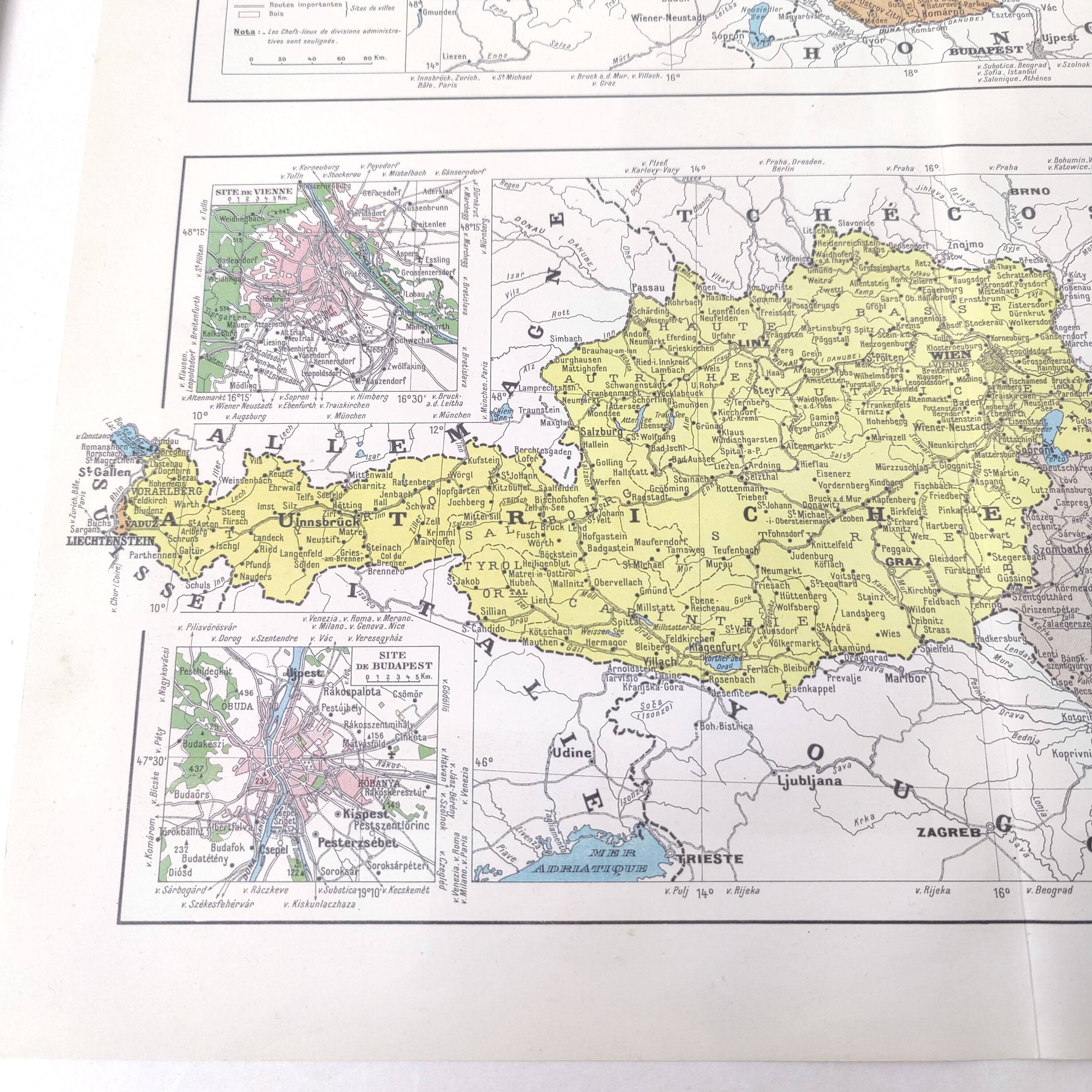 Old map Austria Czechoslovakia Hungary 43x43cm from 1950