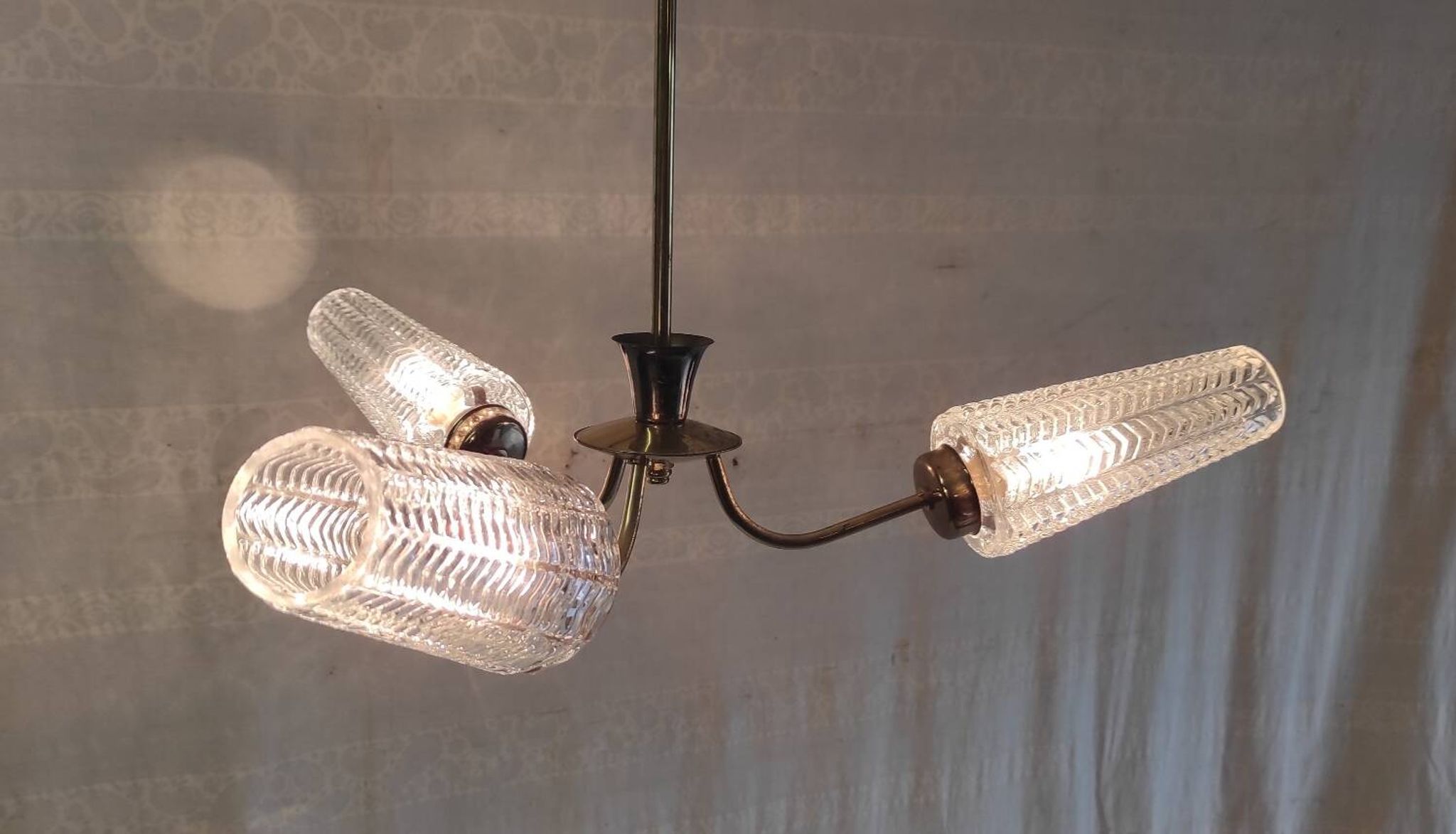 Brass three-light chandelier with glass tulips - 1950s/60s