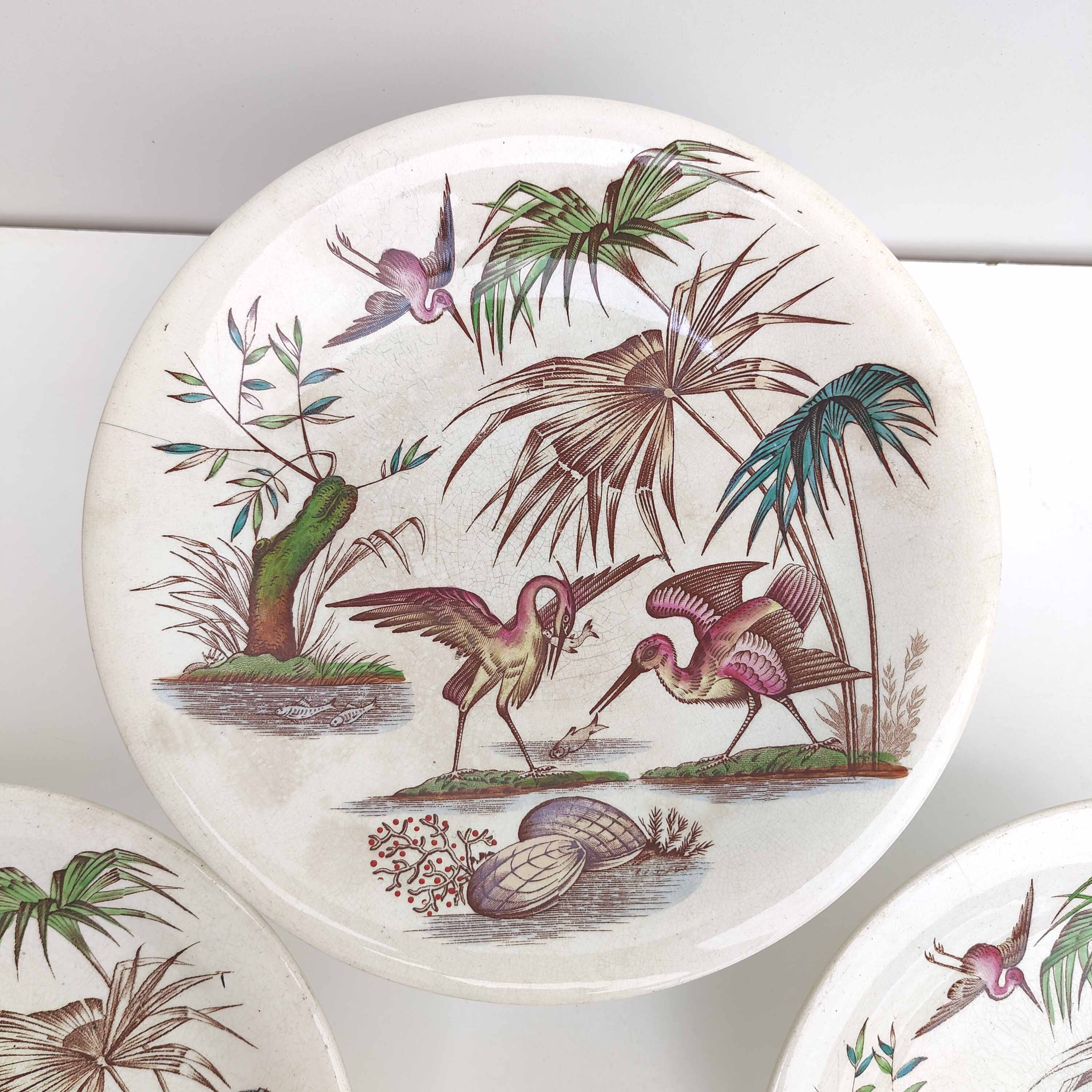 Three porcelain potters decoration heron and bamboo