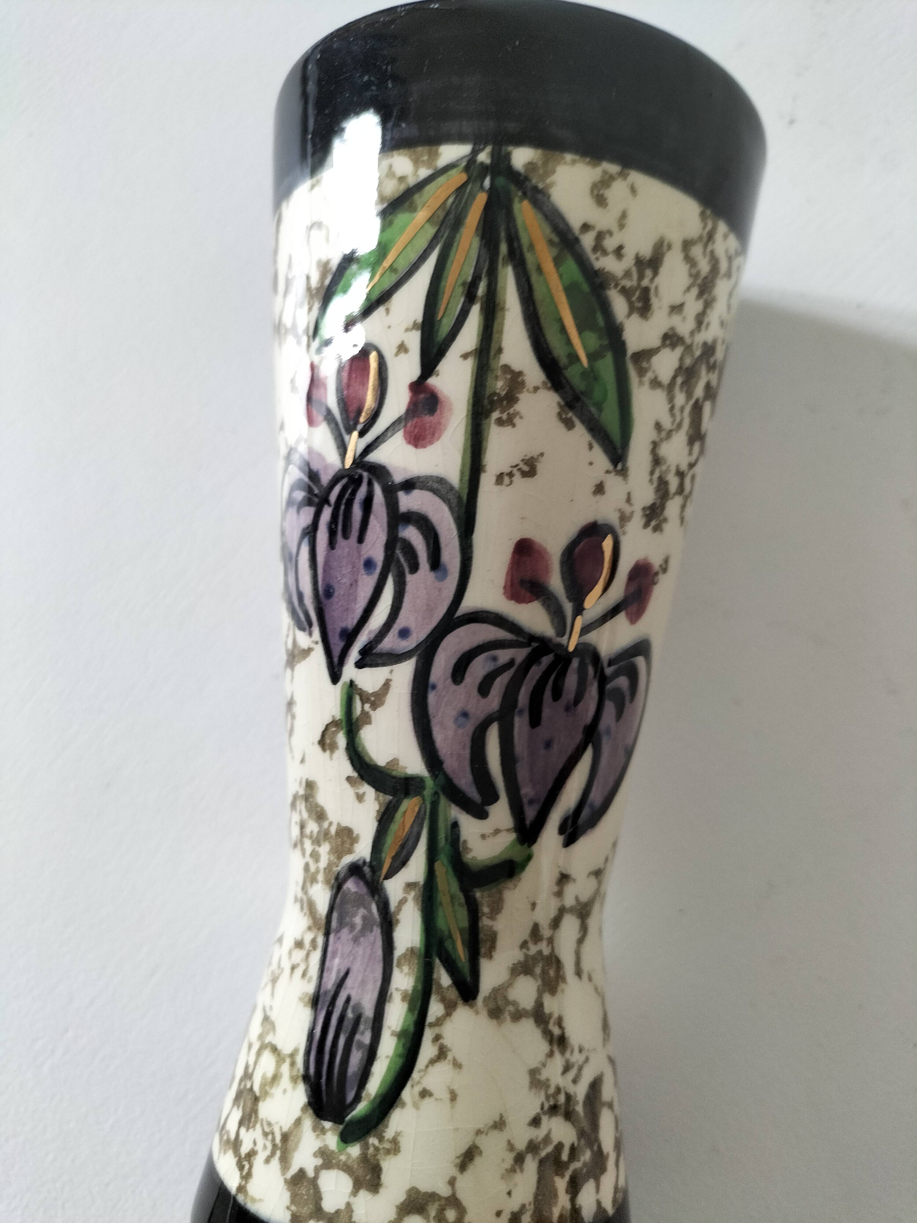 Vintage cream ceramic vase with purple floral decoration and gold highlights