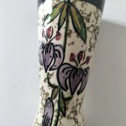 Vintage cream ceramic vase with purple floral decoration and gold highlights