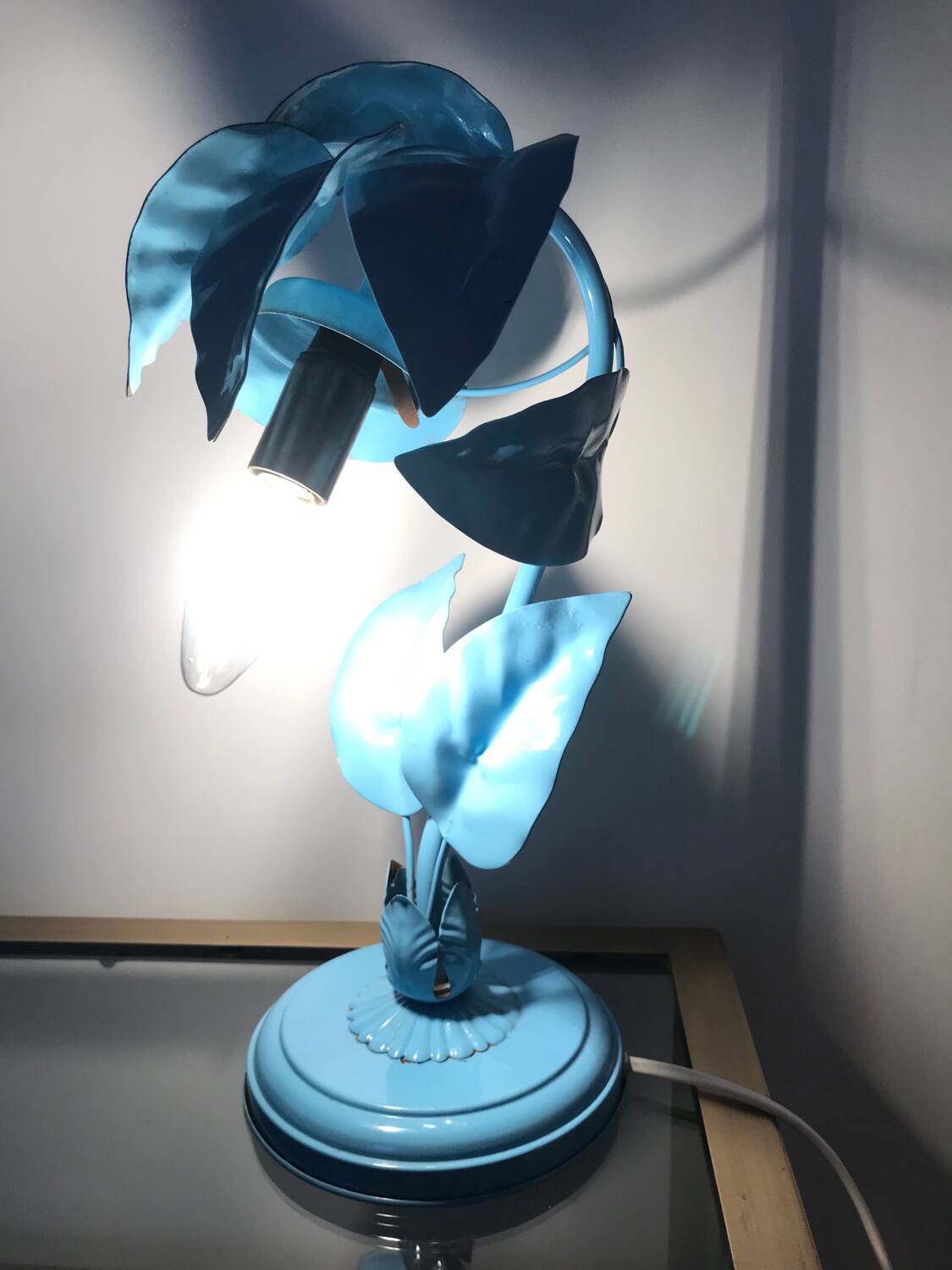 Antique plant-shaped lamp in blue enamelled metal