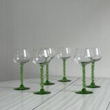6 transparent green twisted stemmed glasses