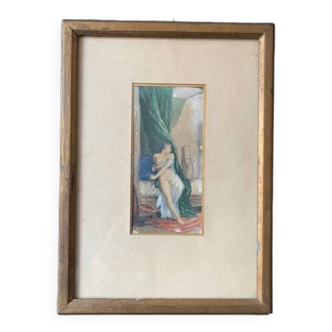 Old watercolor signed, framed, bedroom scene, nude woman, 19th century