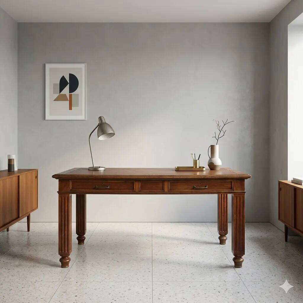 Antique walnut desk with brown leather, Italy, 19th century