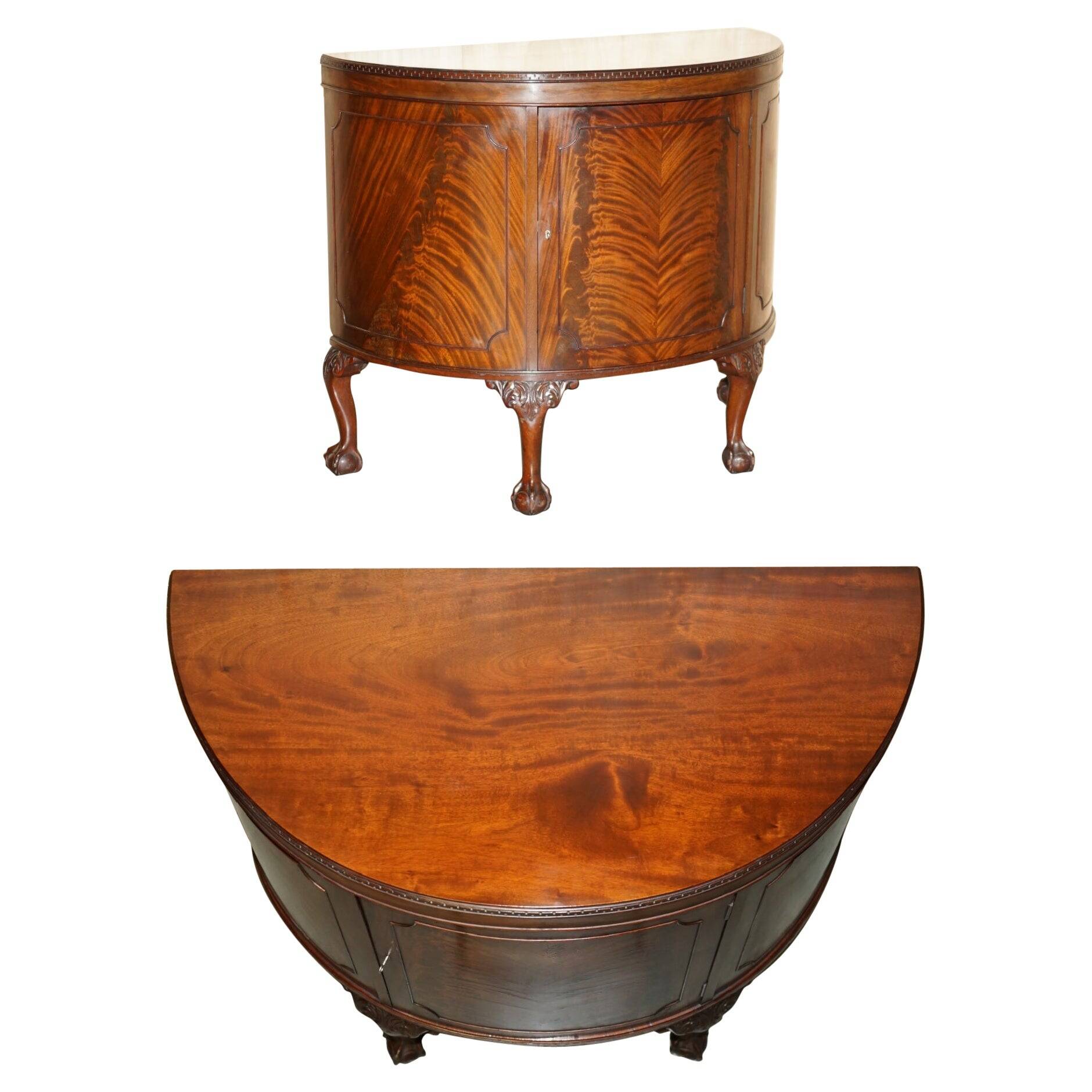 Antique Half-Moon Buffet in Flamed Hardwood, Cluster and Ball Legs, Restored