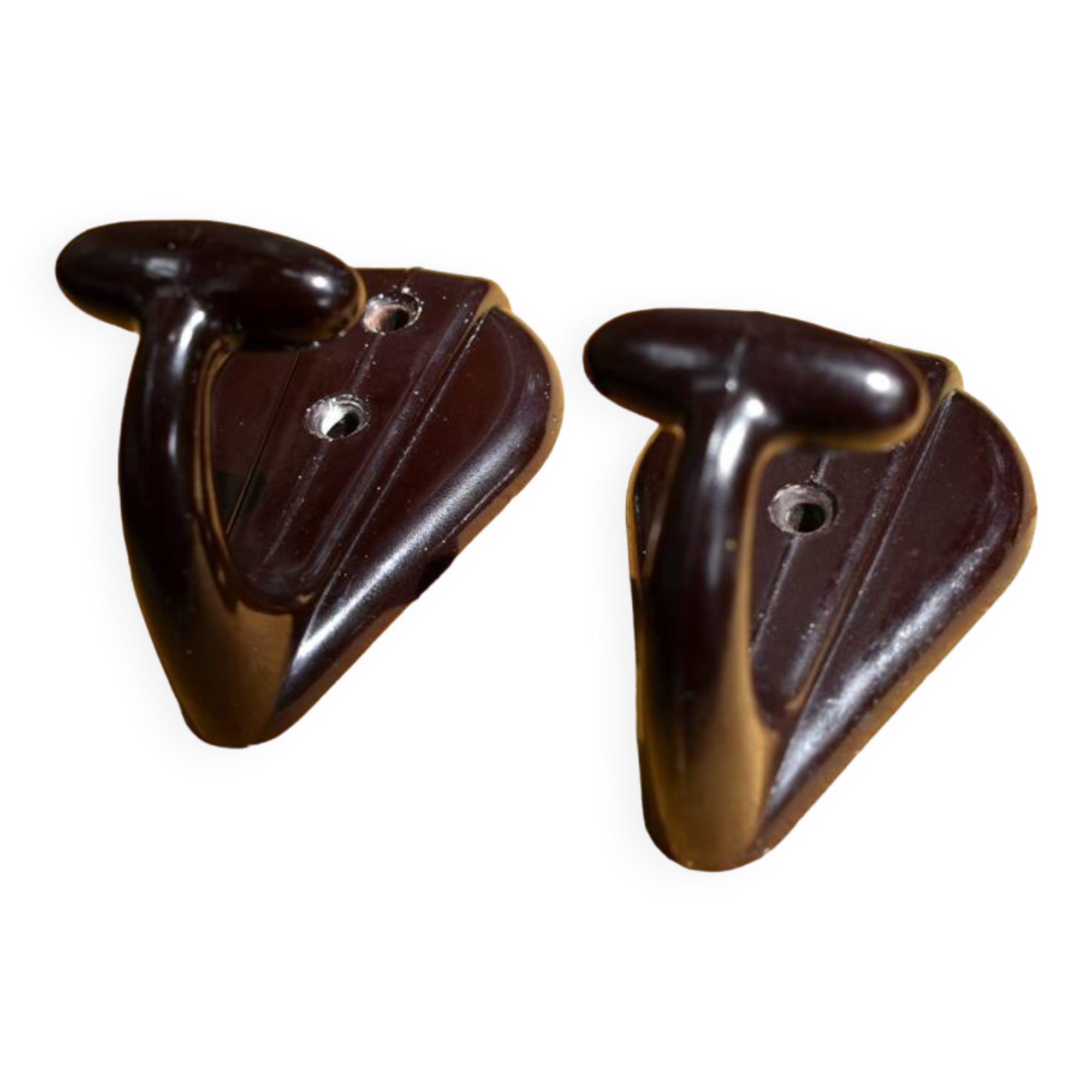 Pair of brown bakelite school hooks from 1957