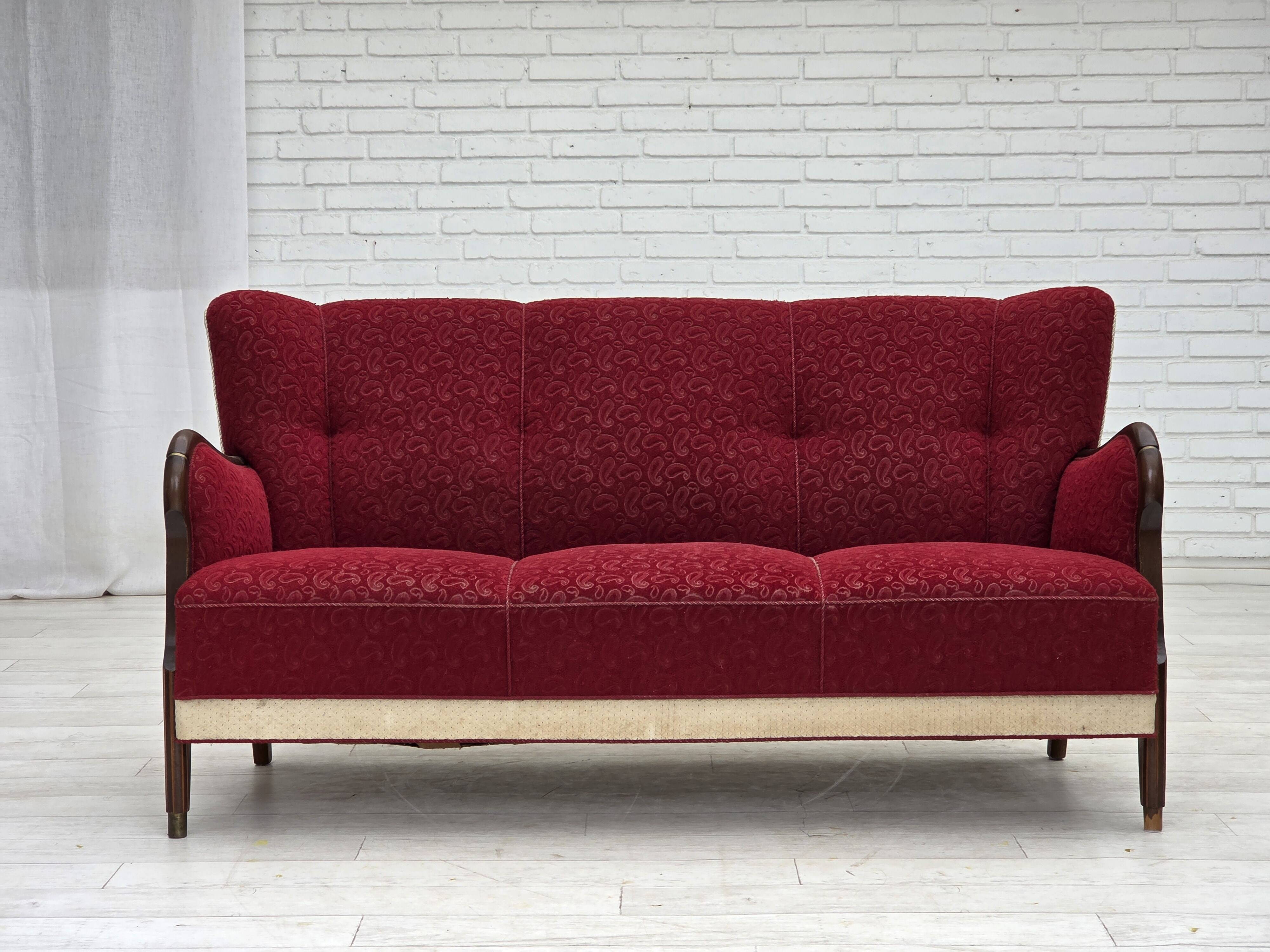 1950s, Danish 3-seater sofa, original red/beige furniture wool.