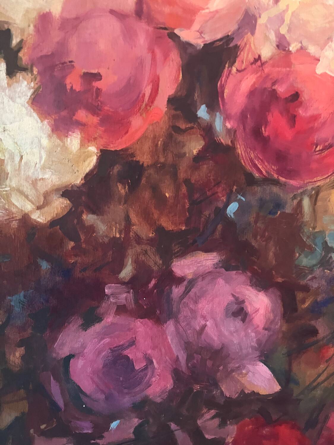Large bouquet of roses, oil on wood panel, signed