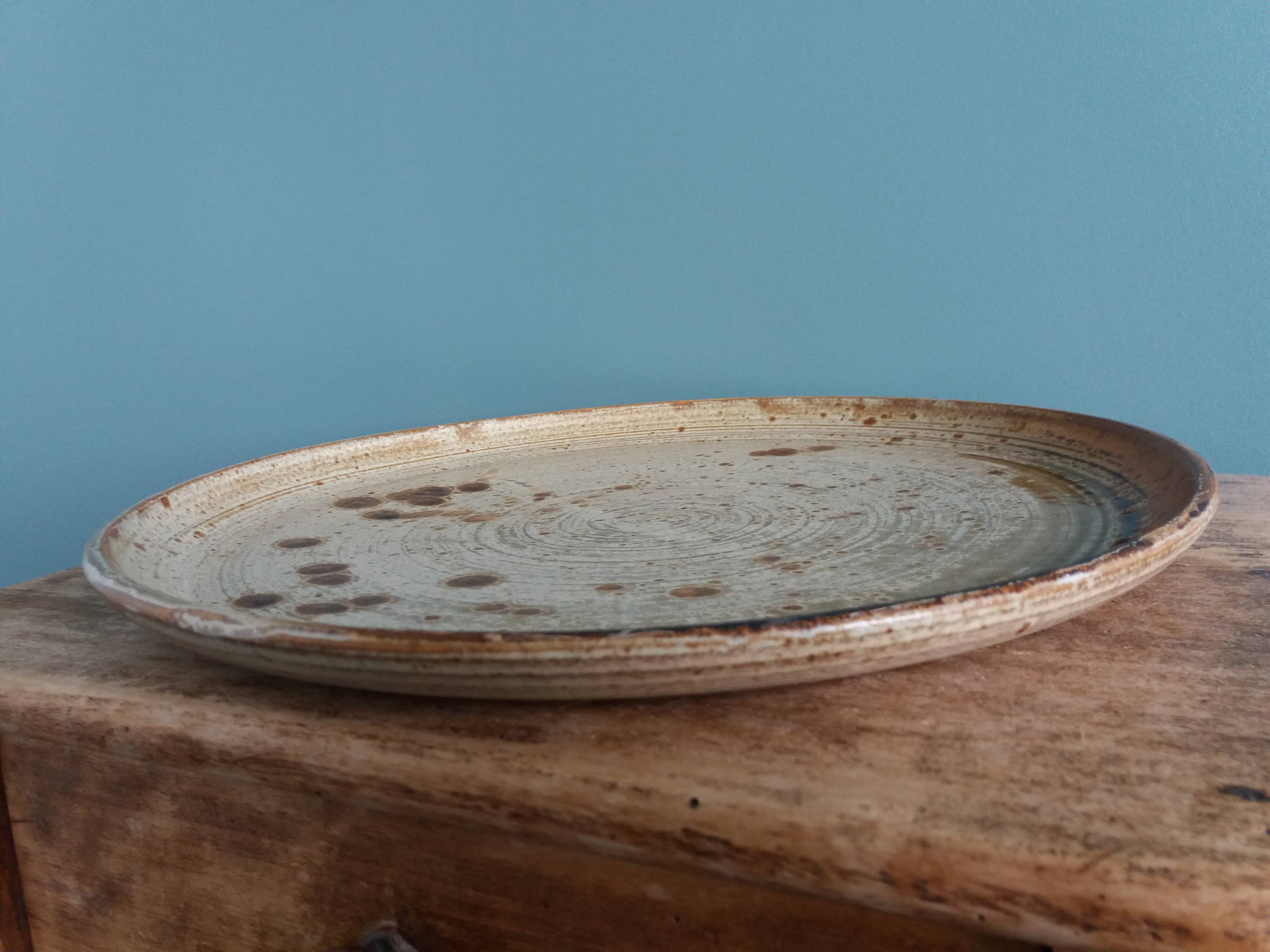 Pie or cake dish in Puisaye stoneware signed Jean-Pierre Prud'homme
