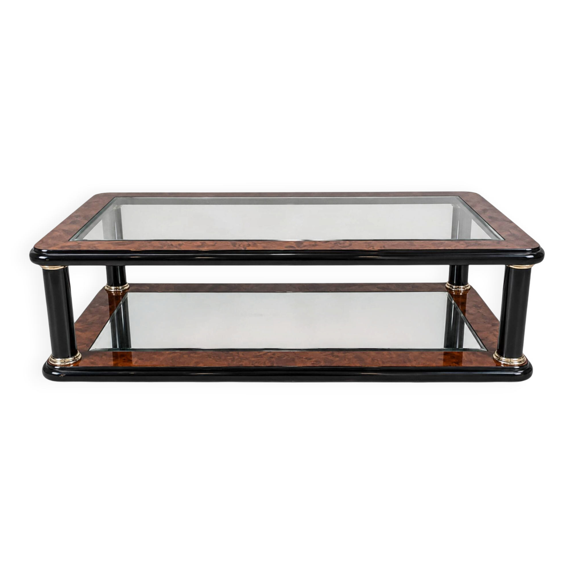 Grande table basse en loupe d’orme, verre et miroir – Design années 80