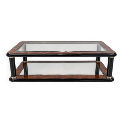 Grande table basse en loupe d’orme, verre et miroir – Design années 80