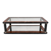 Grande table basse en loupe d’orme, verre et miroir – Design années 80
