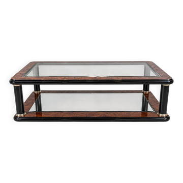 Grande table basse en loupe d’orme, verre et miroir – Design années 80