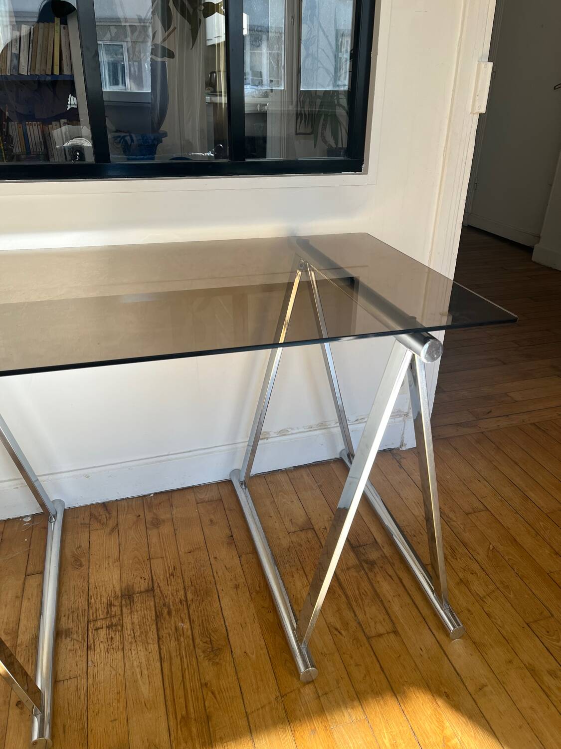 Smoked glass and chrome metal desk by Milo Baughman for Rochebobois