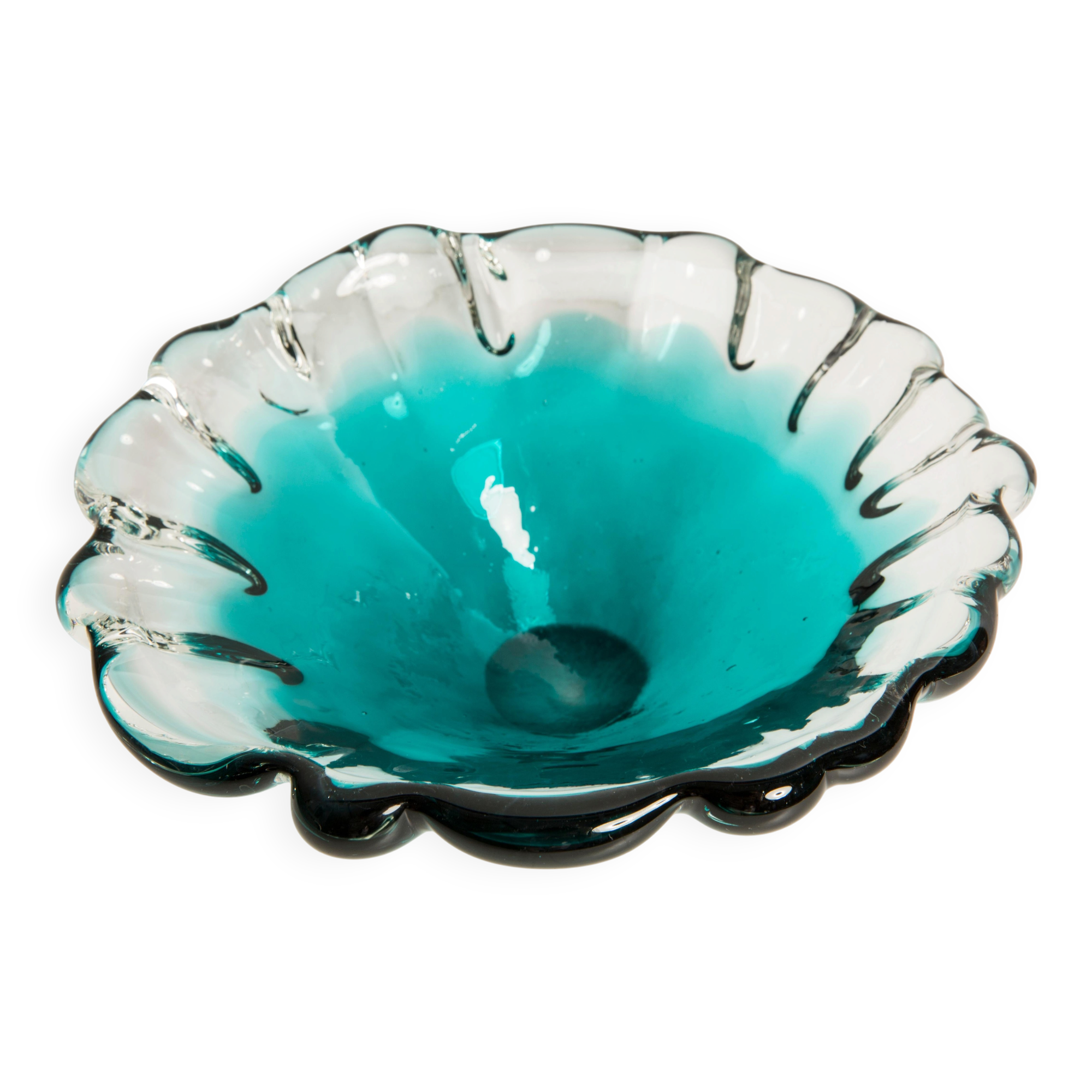 Blue aqua crystal glass bowl, mid-century, Italy, 1970s.