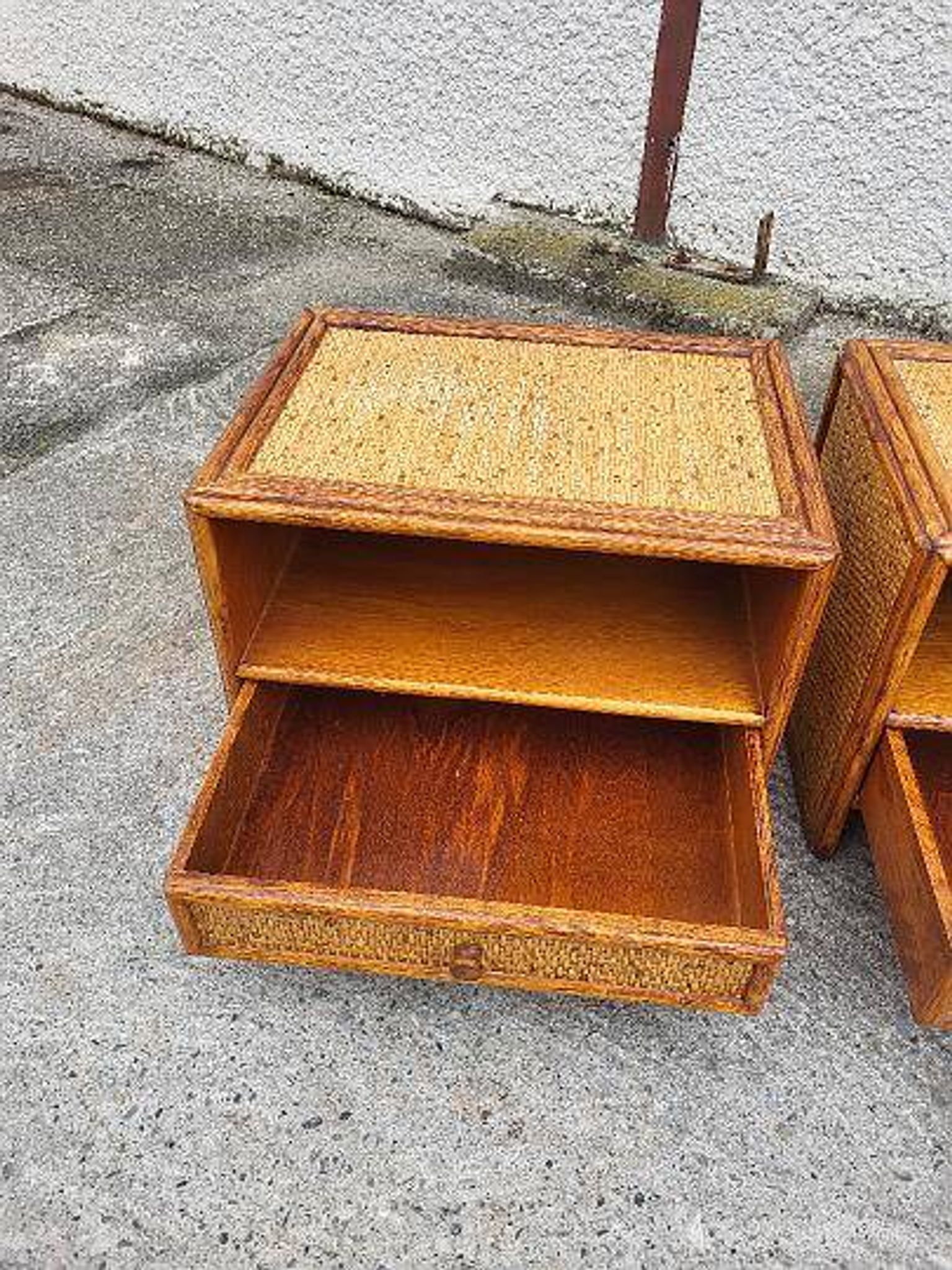 Pair of vintage maugrion rattan nightstands with drawers
