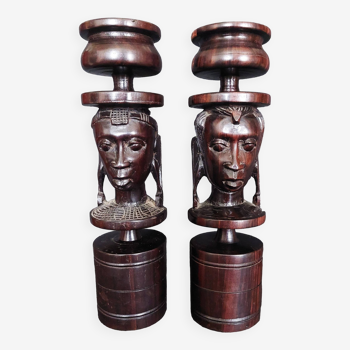 Pair of African ebony couple candlesticks from the 60s