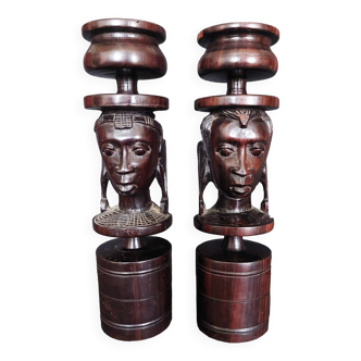 Pair of African ebony couple candlesticks from the 60s