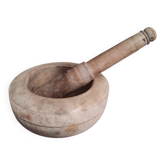 Large vintage French wooden mortar and pestle set