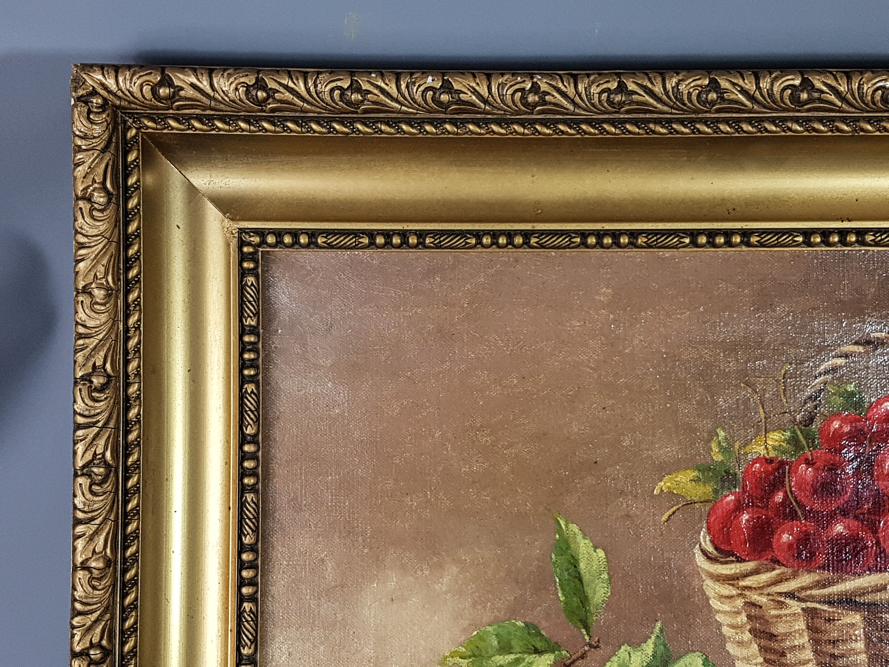 Ancient still life with cherries - peaches Oil on canvas 59x50 cm