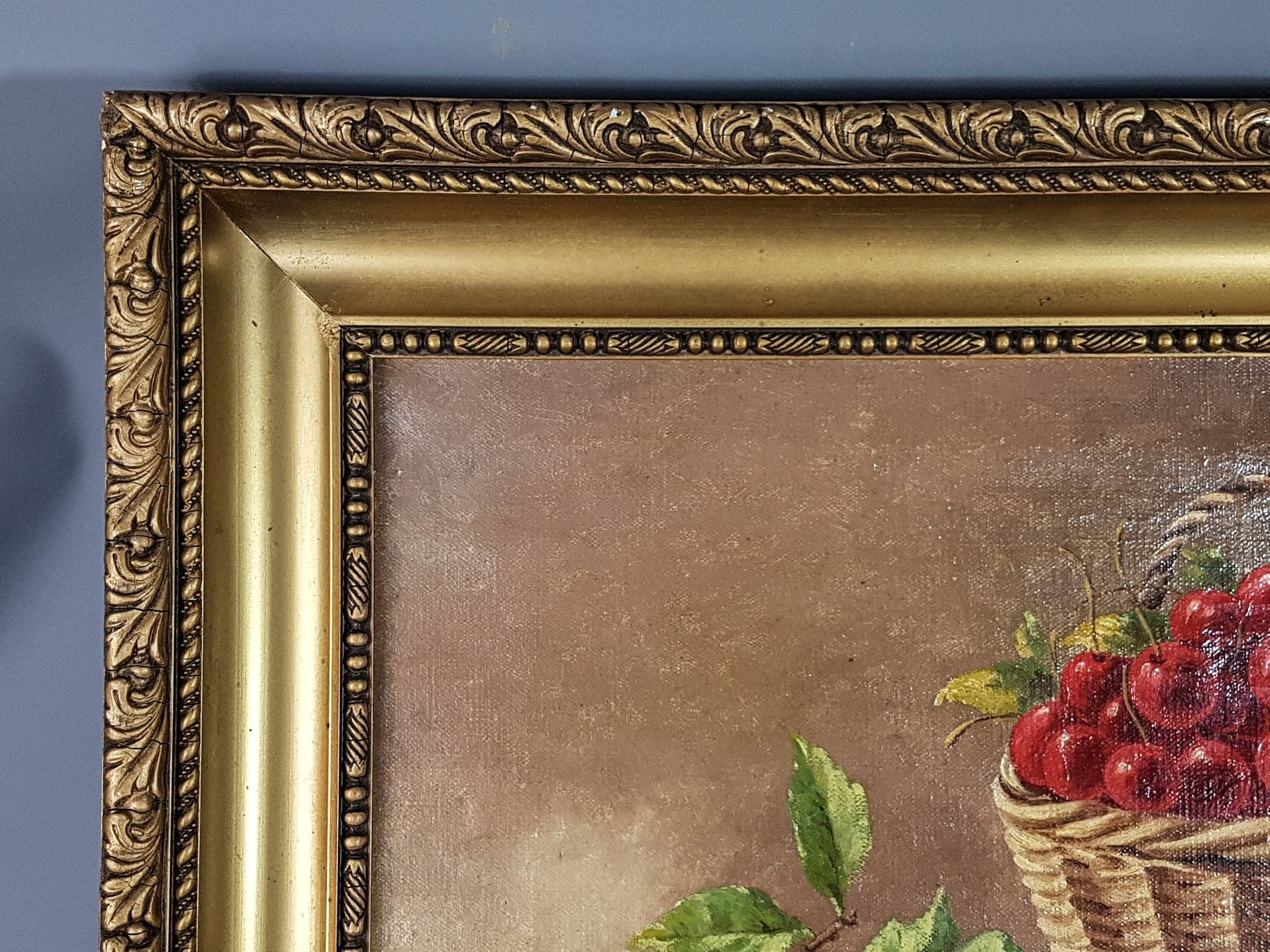 Nature morte aux cerises & pêches huile sur toile 59x50 cm