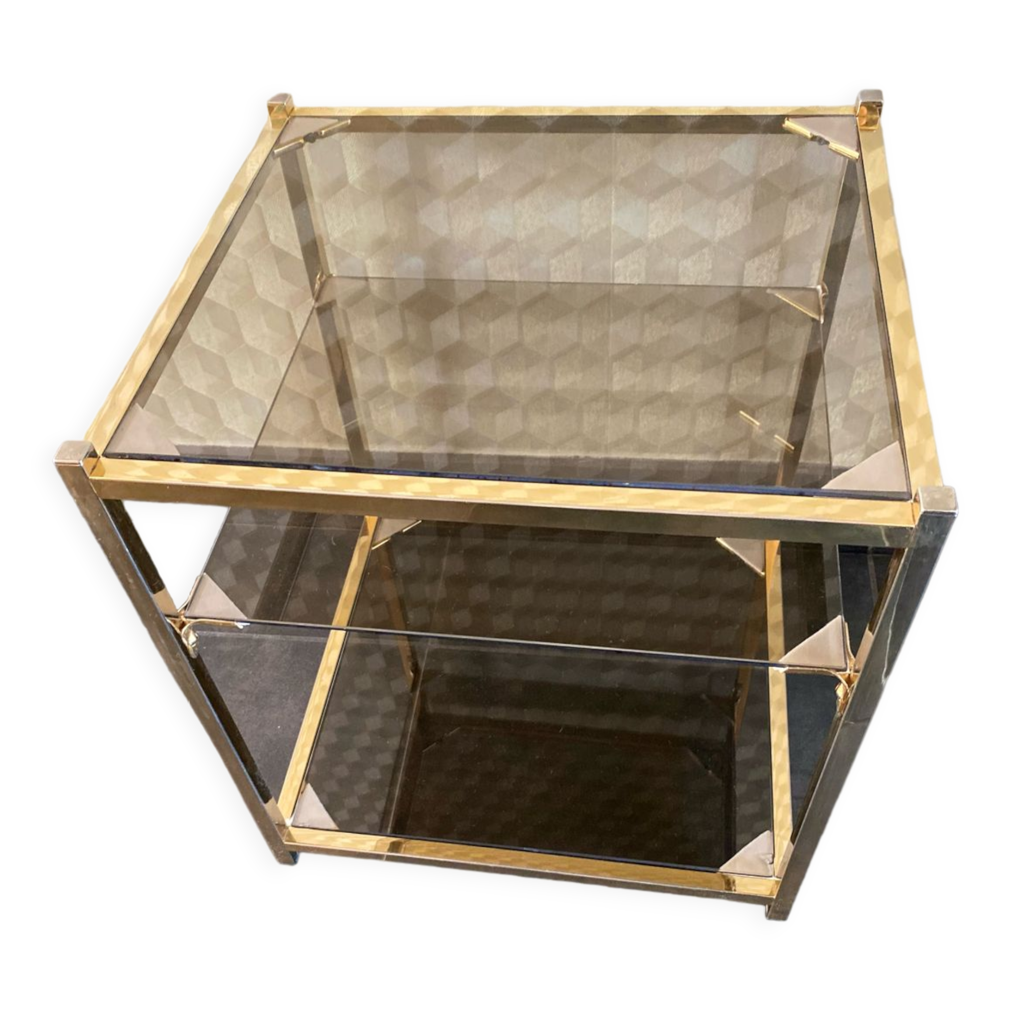 End of sofa 3 trays in smoked glass and brass-frame 70 year