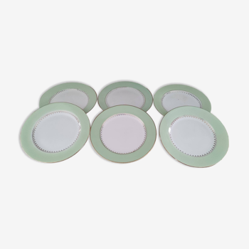 Lot de 6 assiettes plates L'Amandinoise marli vert d'eau et frise dorée