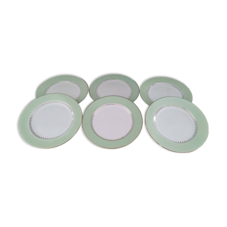 Set of 6 L'Amandinoise flat plates with water green marli and gold frieze