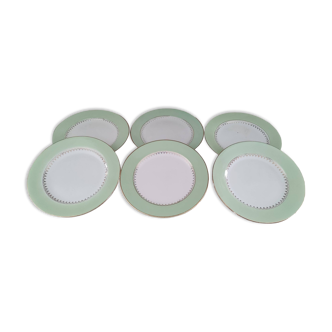 Lot de 6 assiettes plates L'Amandinoise marli vert d'eau et frise dorée