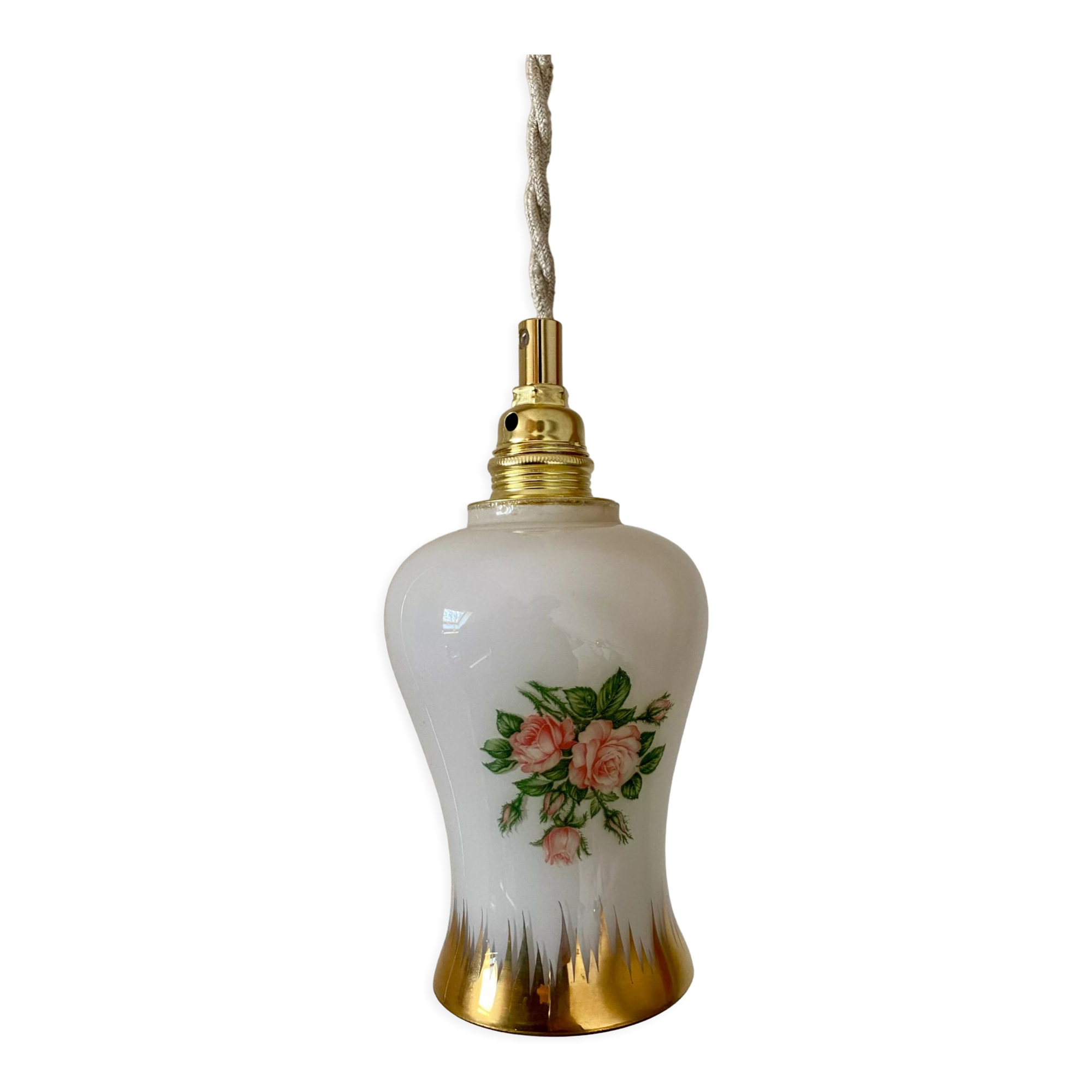 Vintage tulip ride in white opaline drawings of roses