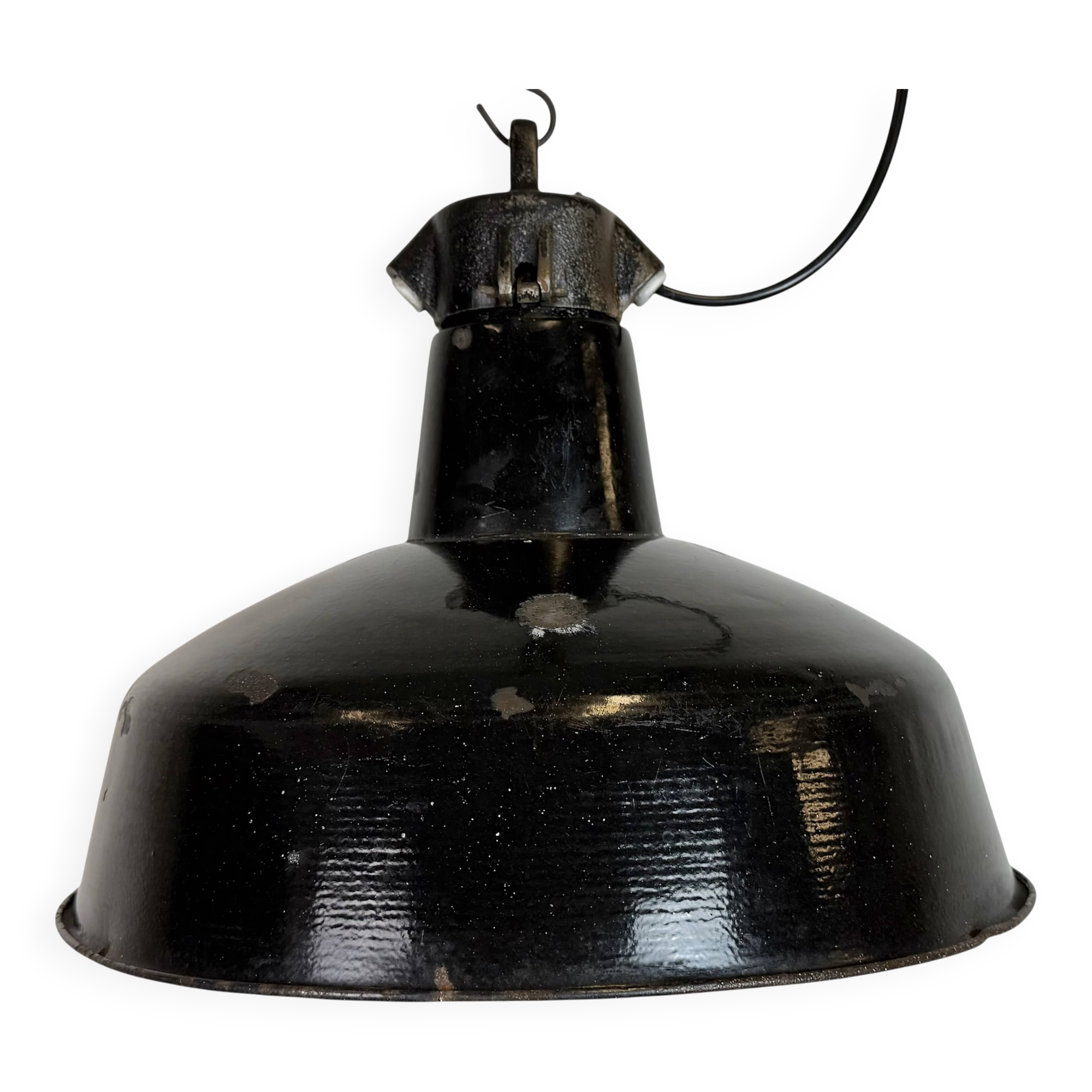 Industrial Black Enamel Factory Lamp with Cast Iron Top, 1950s